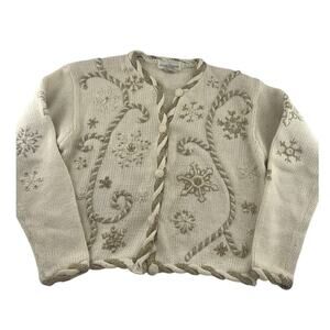 Vintage Casual Corner Sweater Womens Small Cream Ivory Gold Cardigan Christmas
